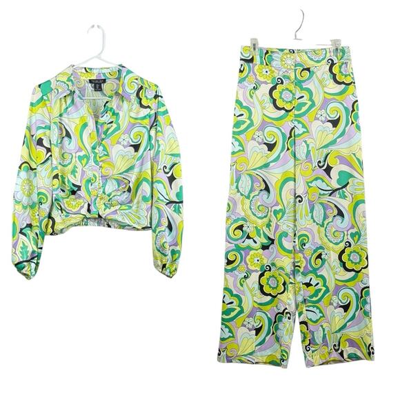 Rachel Zoe Retro Inspired Floral Print 2 PC Top & Pants Set Small Satin Wide Leg - Picture 1 of 16